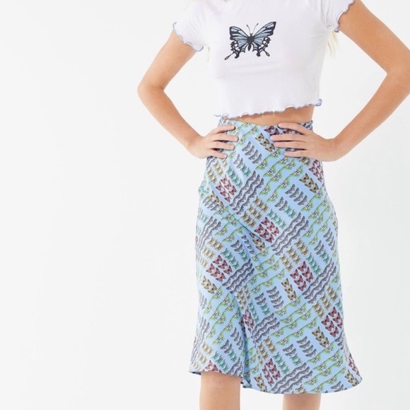 Urban Outfitters Monarch Butterfly Blue & Colorful Rainbow Modest Midi Skirt L - Picture 2 of 16